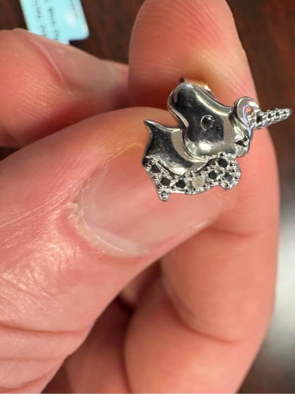 Sterling Silver Unicorn Stud Earrings with Black and White Diamonds - Picture 4 of 5